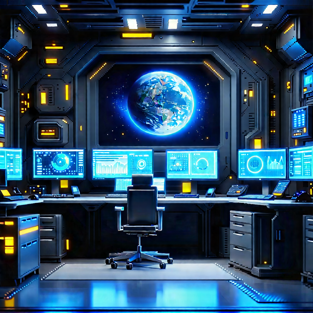 Futuristic (digital:1.37) Workspace With Futuristic Setting,