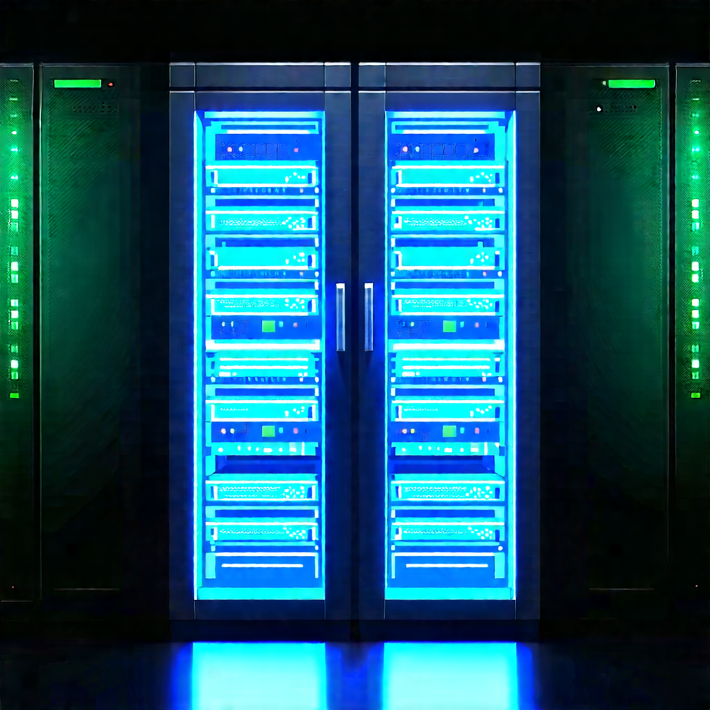 Server Rack With Blue Light Glow With Large, Blue-lit