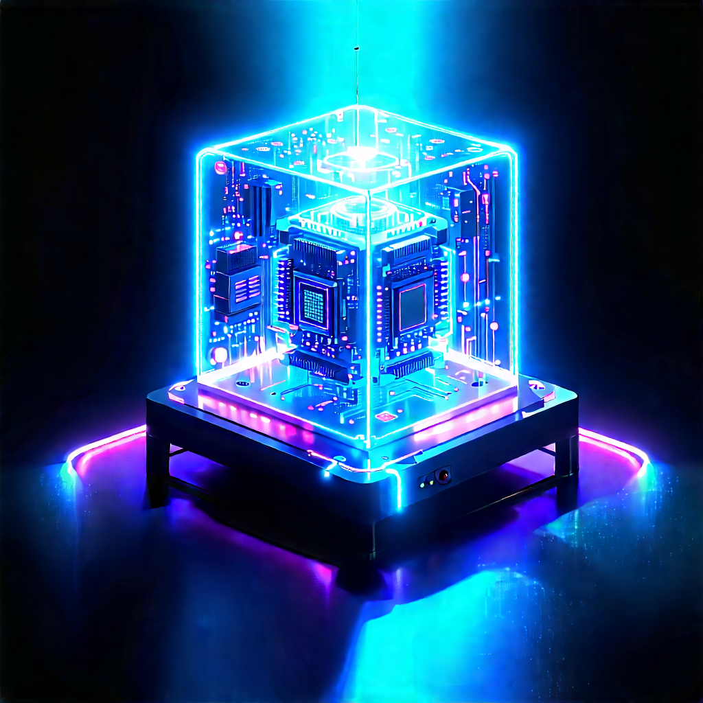 Quantum Computer With Neon Accents With Large, Blue,