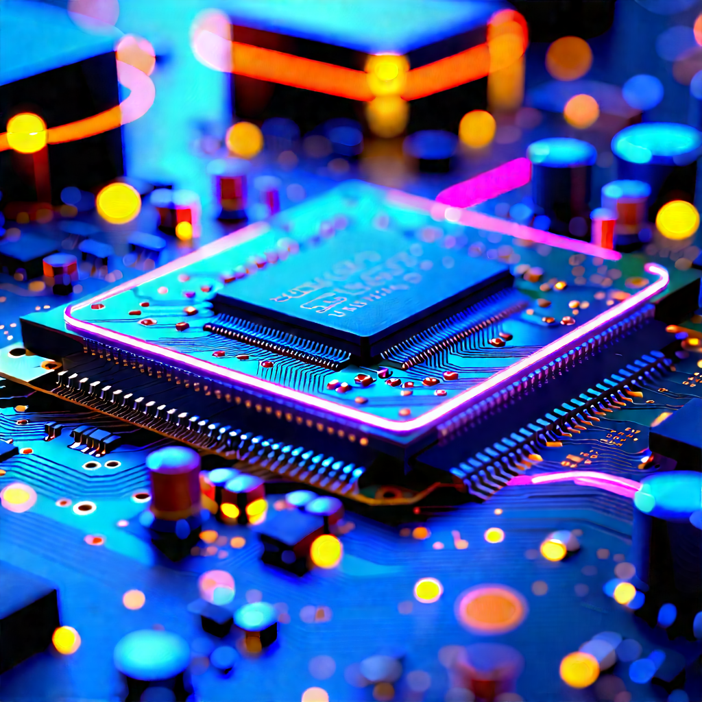 Circuit Board With Neon Accents With Close-up Computer