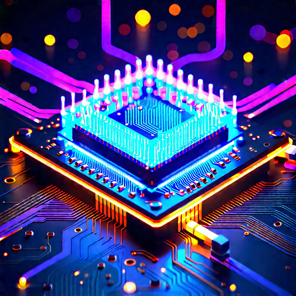 Circuit Board With Neon Accents With Close-up Computer