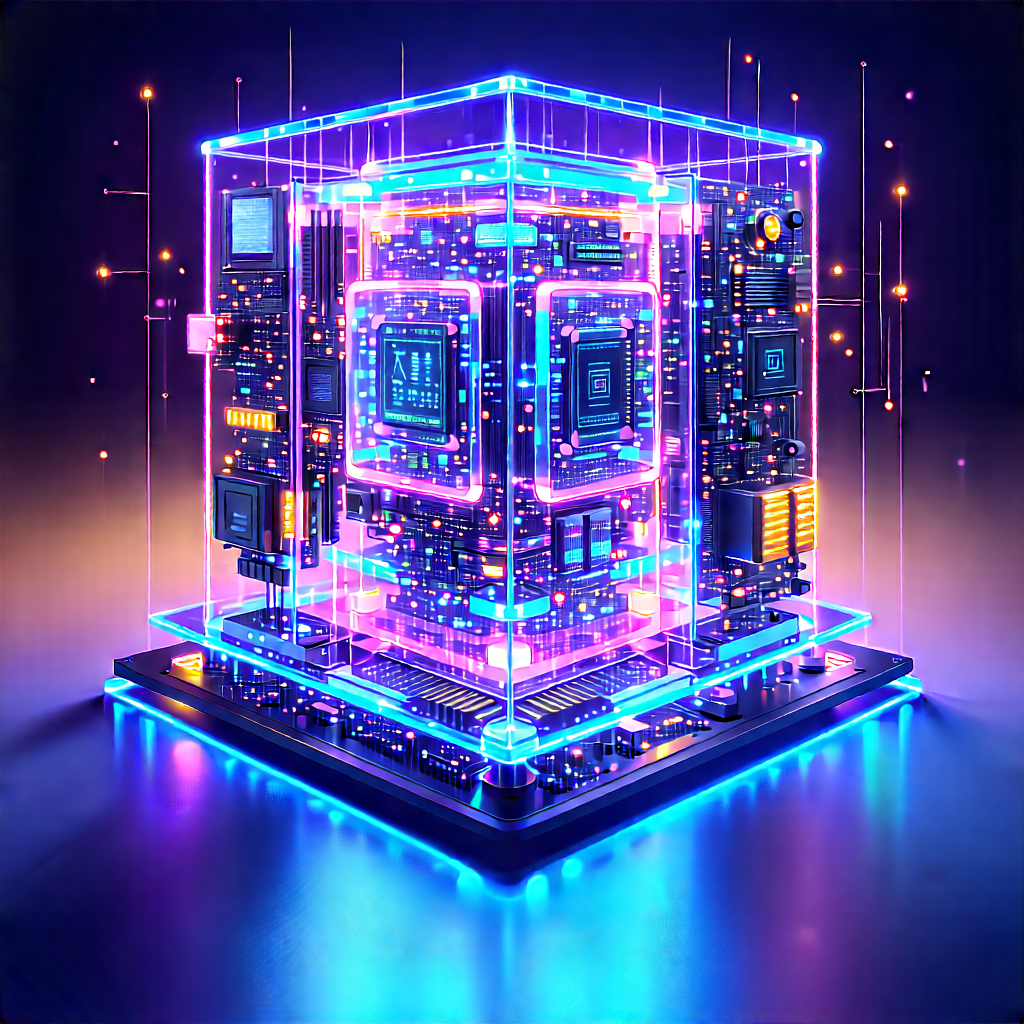 Quantum Computer With Neon Accents With Large, Three-dimensional