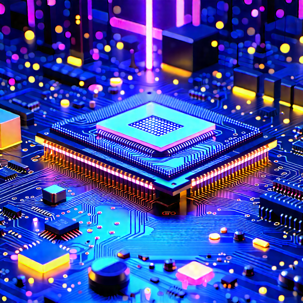 Circuit Board With Neon Accents With Close-up Computer