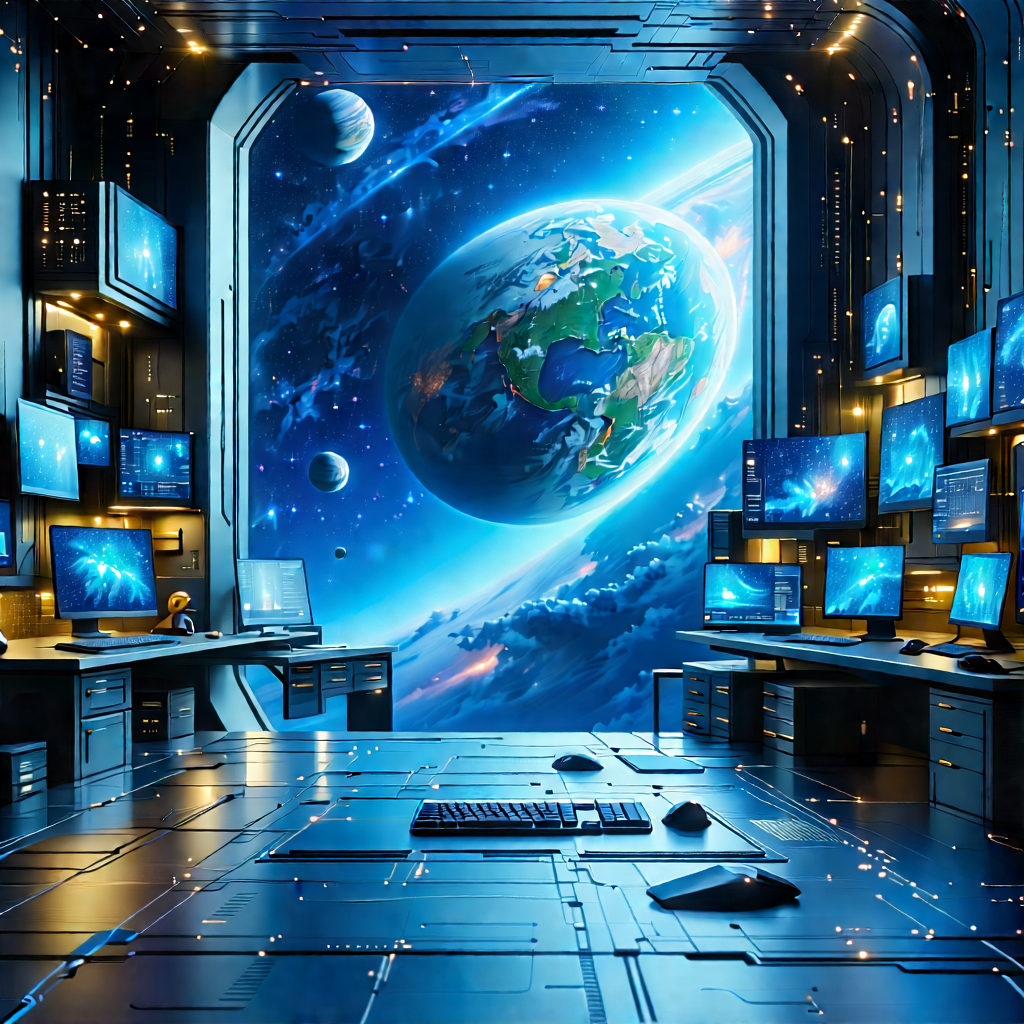(futuristic:1.33) Digital Workspace With Futuristic Scene,