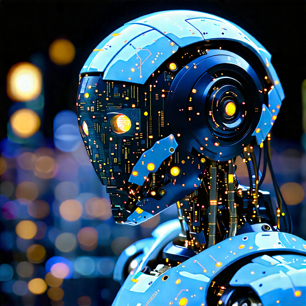 Robot With Data Streams With Futuristic Robot