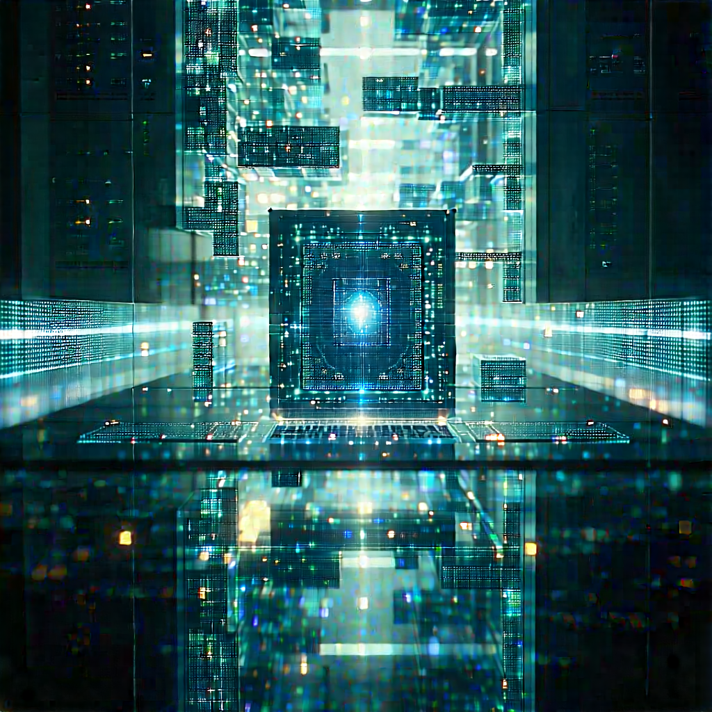 Quantum Computer With Digital Particles With Futuristic Cityscape