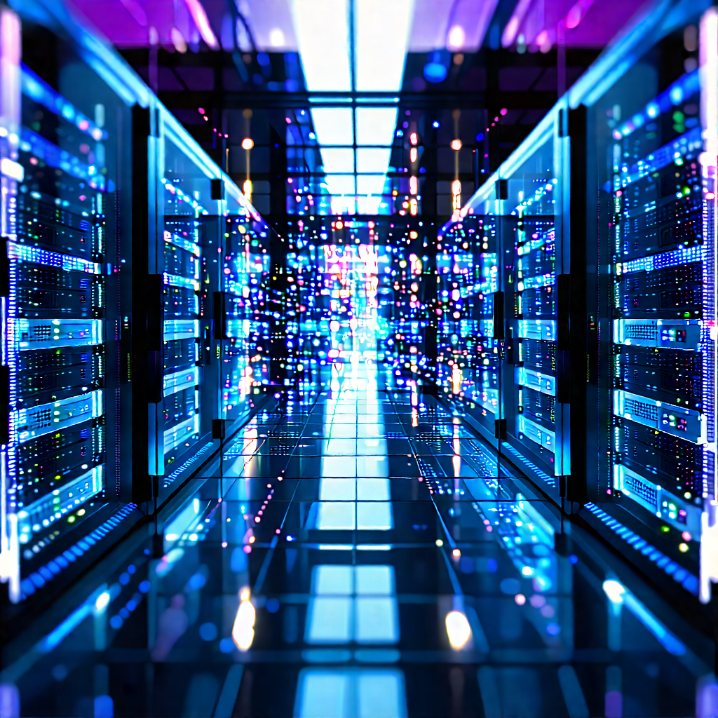 Server Rack With Holographic Projection With Futuristic, Blue-lit