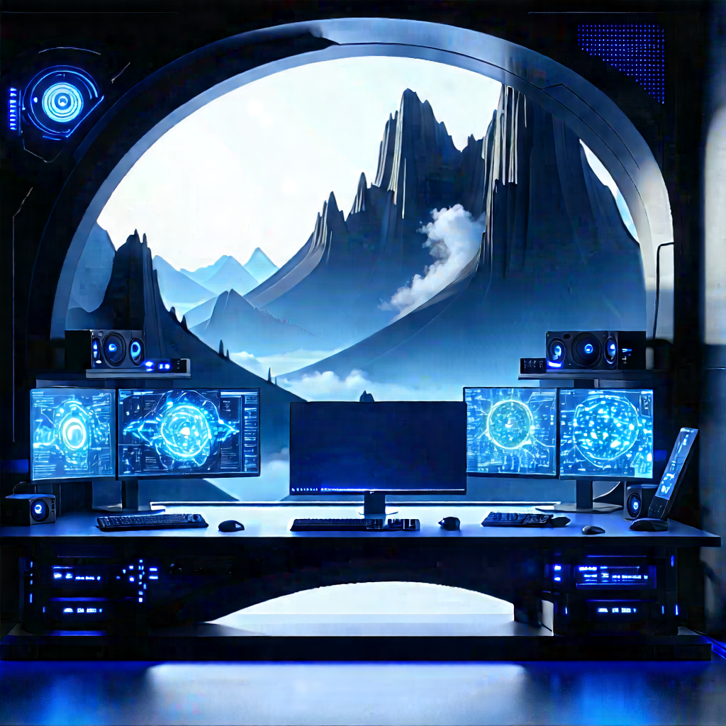 Futuristic (digital:1.44) Workspace With Image, There