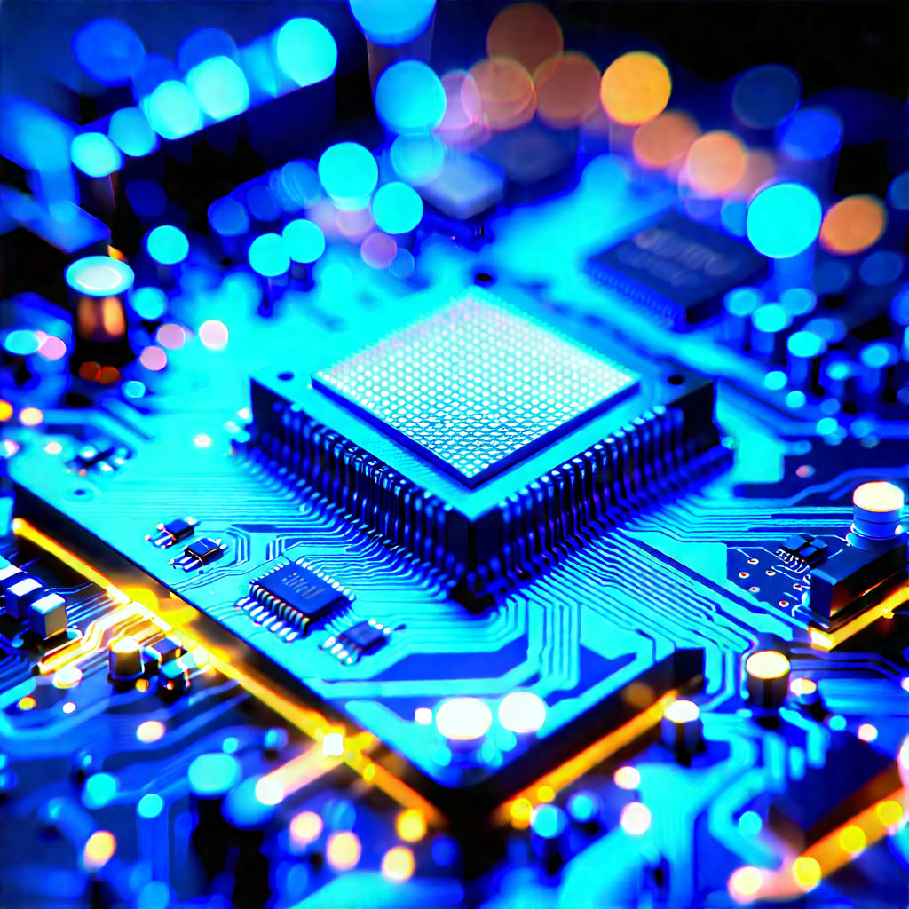 Circuit board with blue light glow