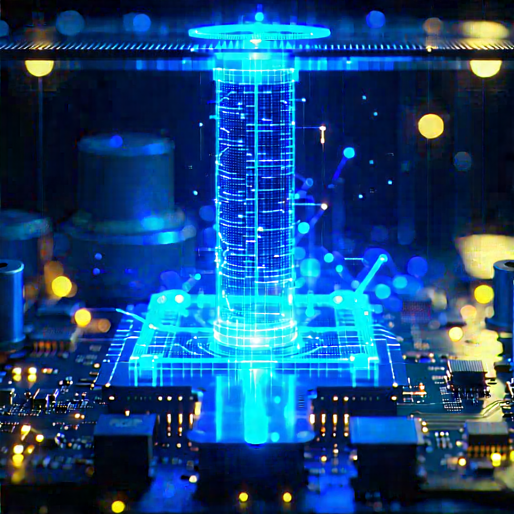 Quantum Computer With Blue Light (glow:1.1) With Futuristic Cityscape