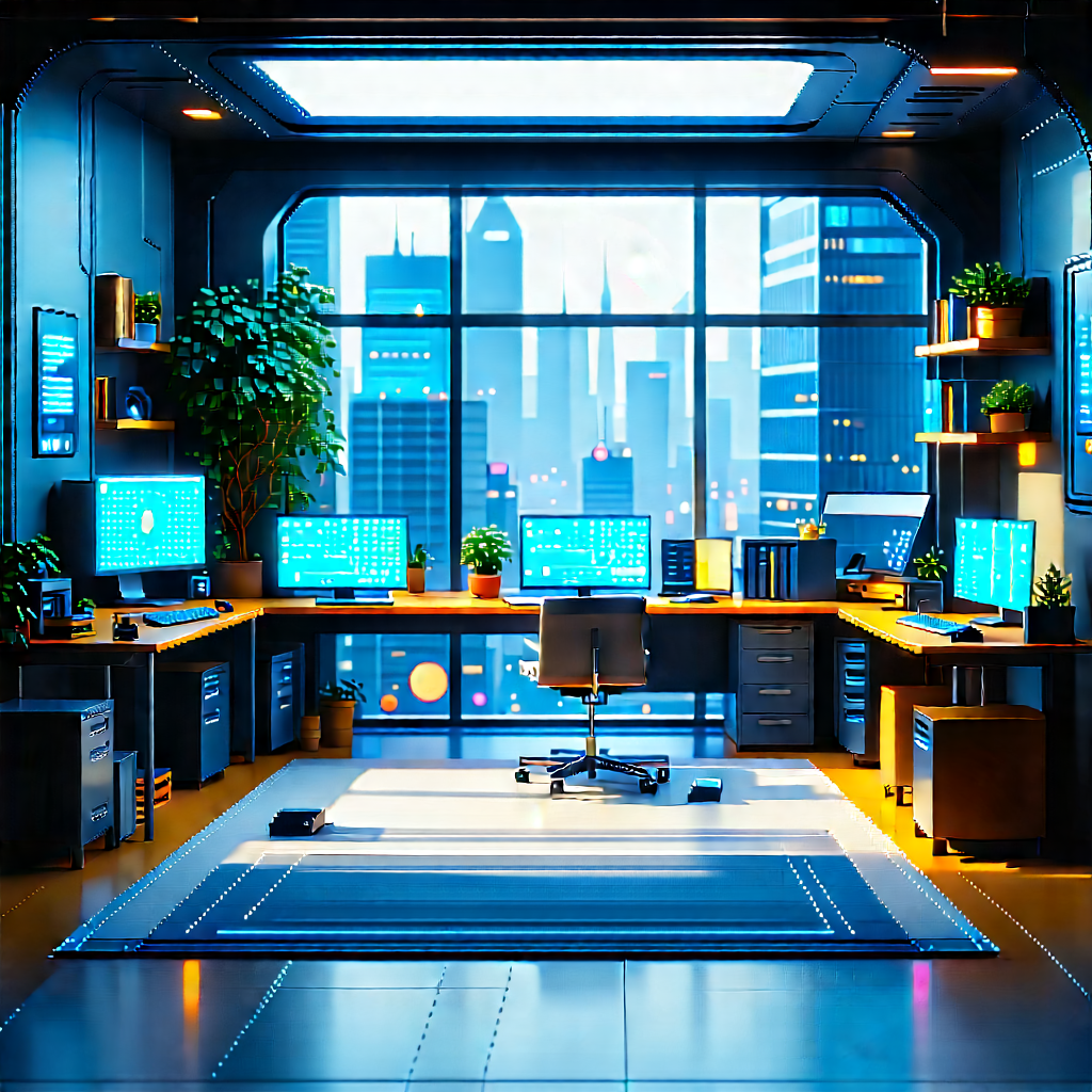(futuristic:1.38) Tech Startup Office With Image, There