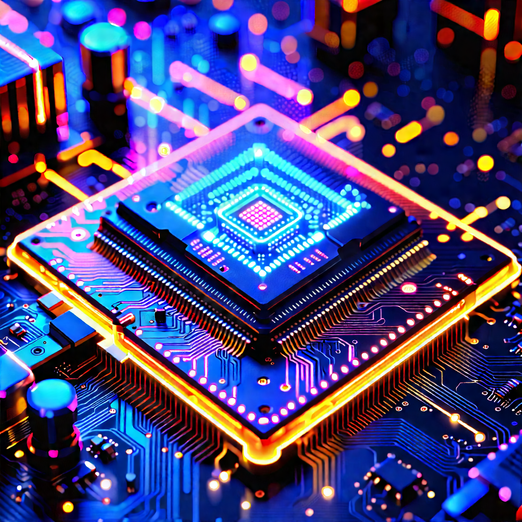 Microchip With Neon Accents With Close-up Computer