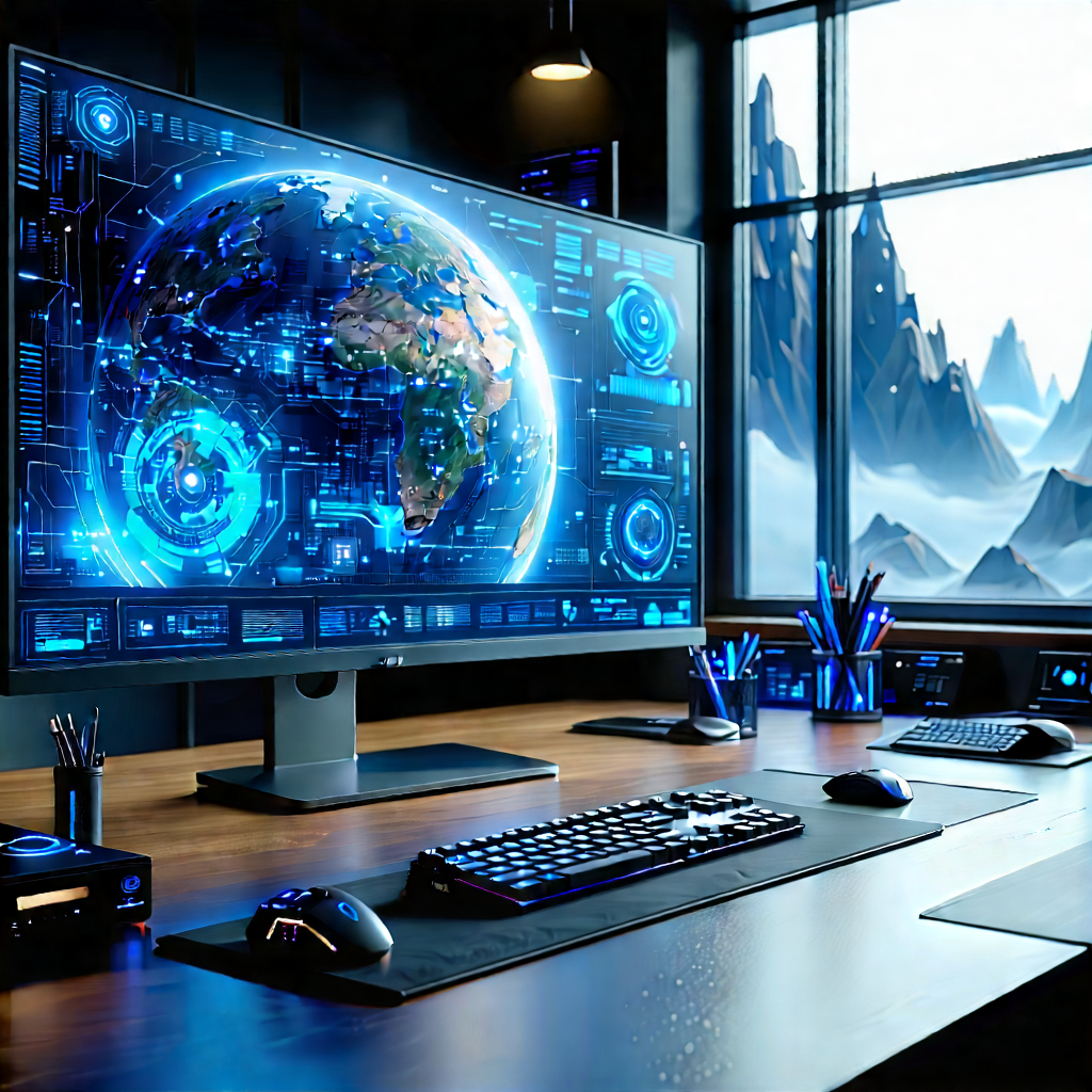 Futuristic Digital Workspace With Large Computer