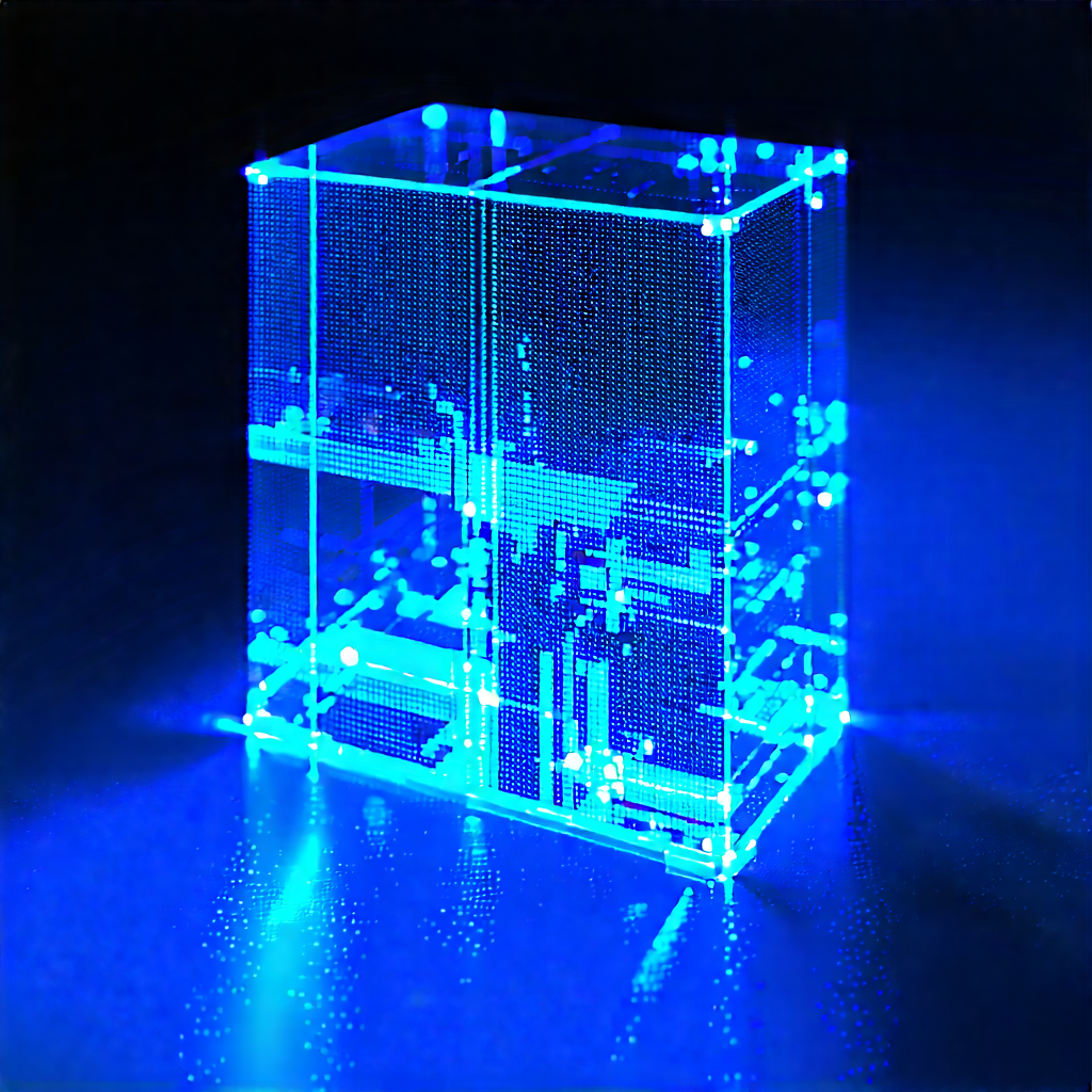Quantum Computer With Blue Light Glow With Blue Cube