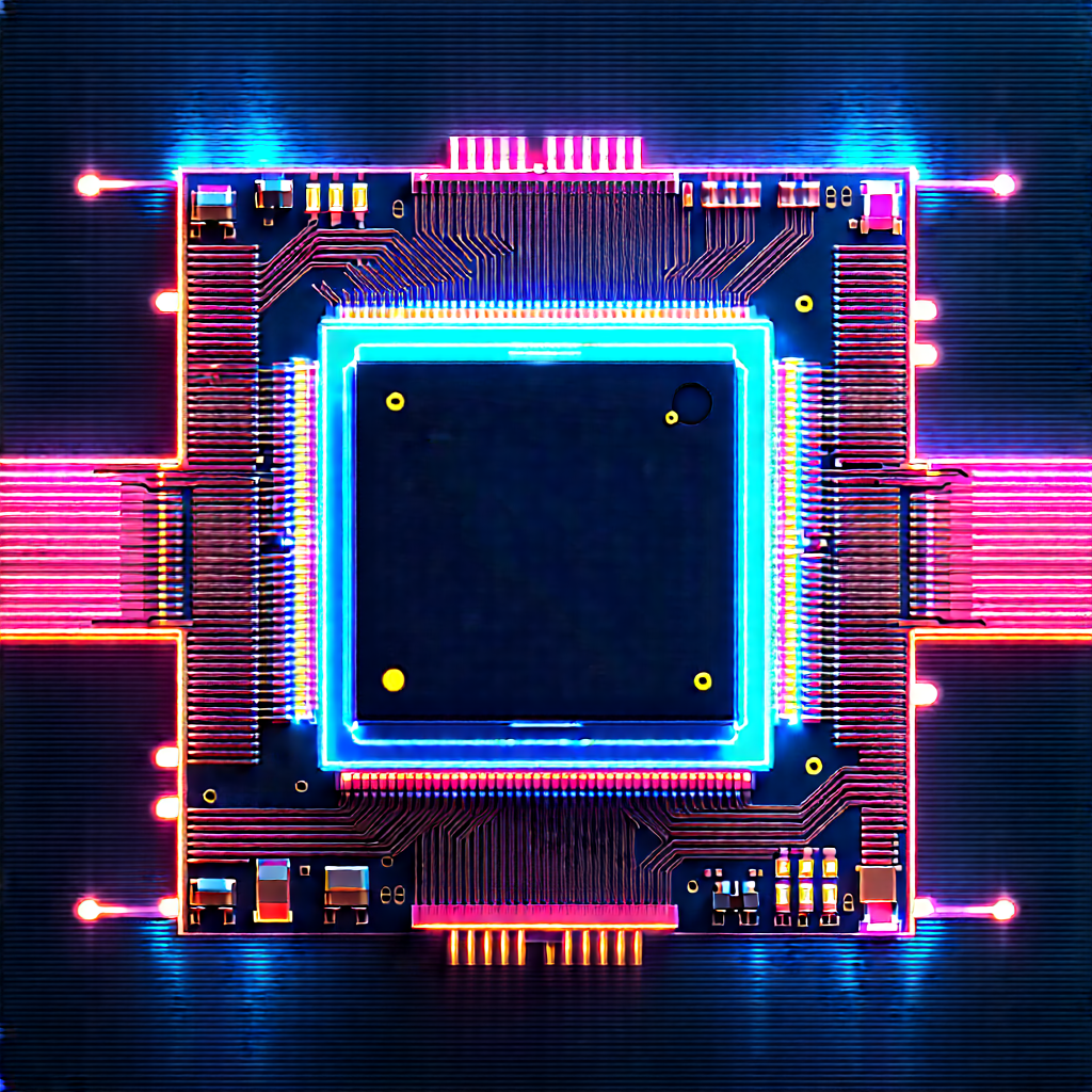 Microchip With Neon Accents With Close-up Computer