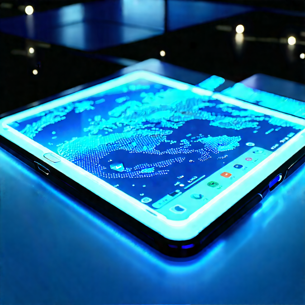 Tablet With Glowing Screen With Table Blue