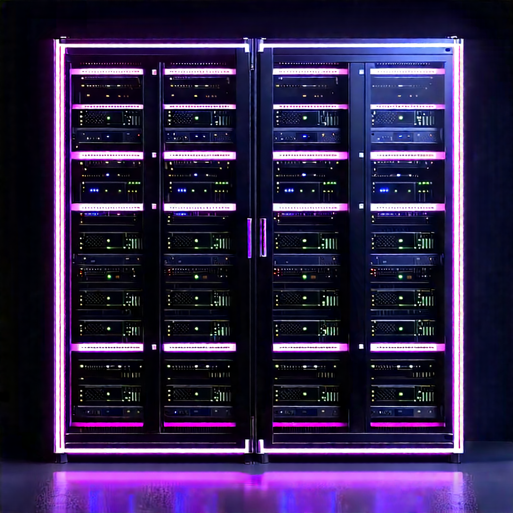 Server Rack With Neon Accents With Large, Purple-lit