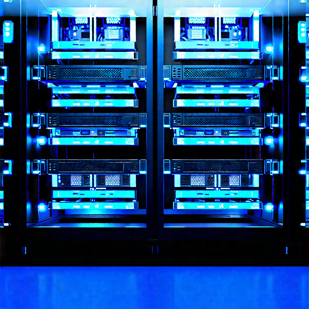Server rack with blue light glow