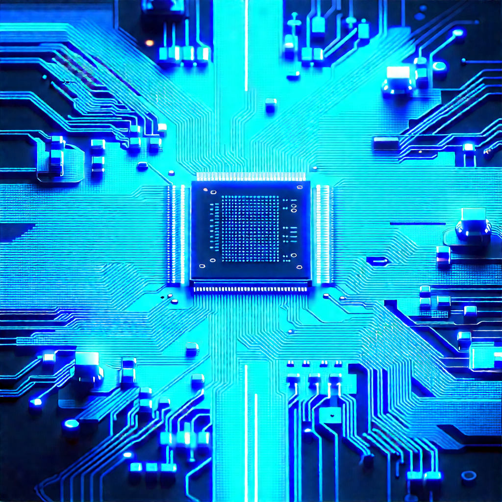 Circuit board with blue light glow
