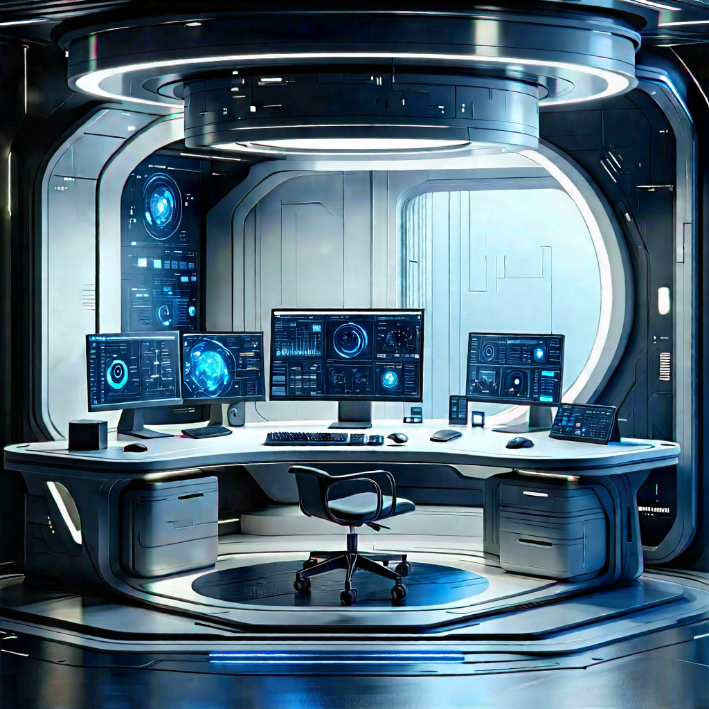 (futuristic:1.18) (digital:1.5) Workspace With Image, There