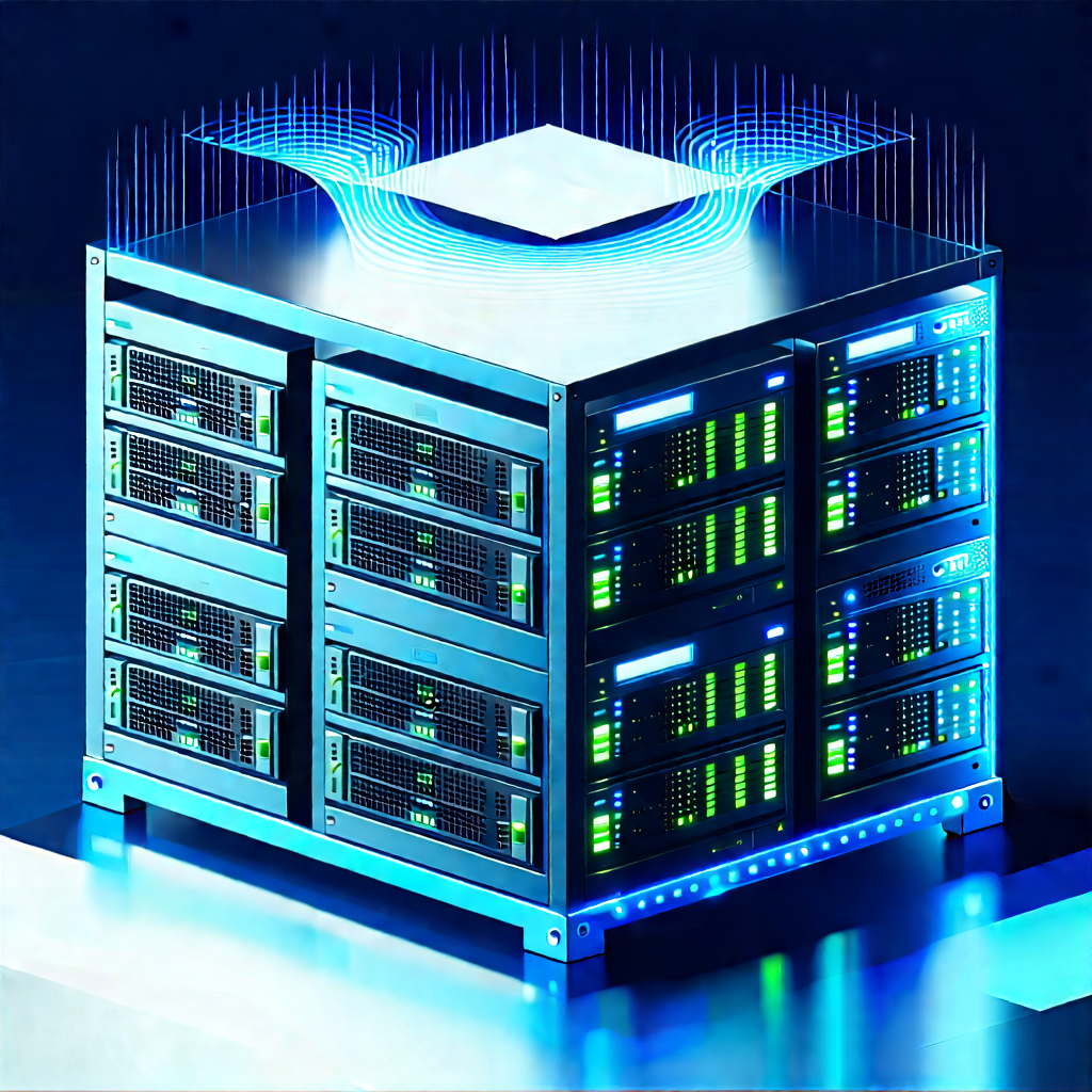 Server Rack With Data Streams With Large Blue