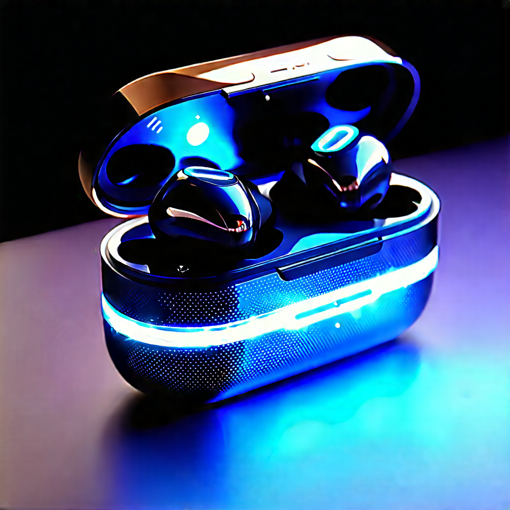 Wireless Earbuds With Glowing Screen With Blue Black