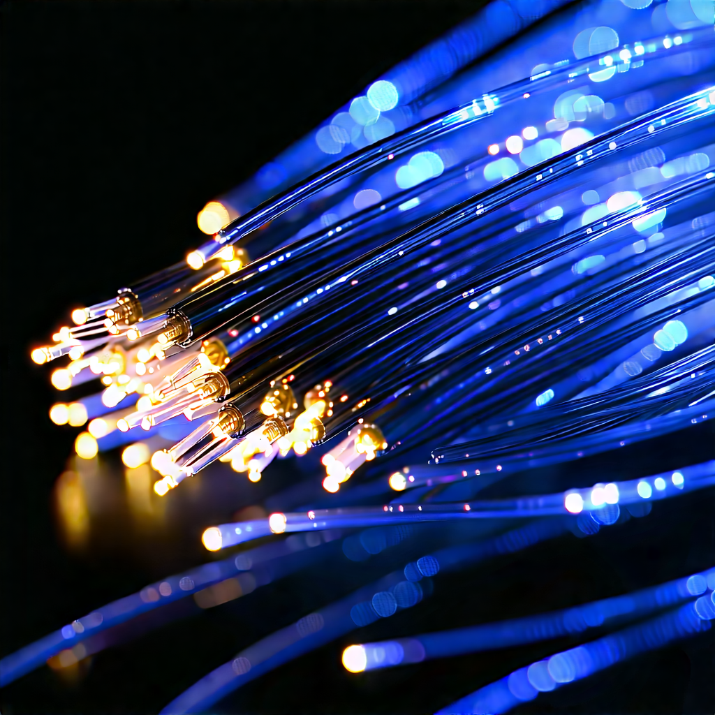 Close-up Of Fiber Optic Cables With Blue Wire