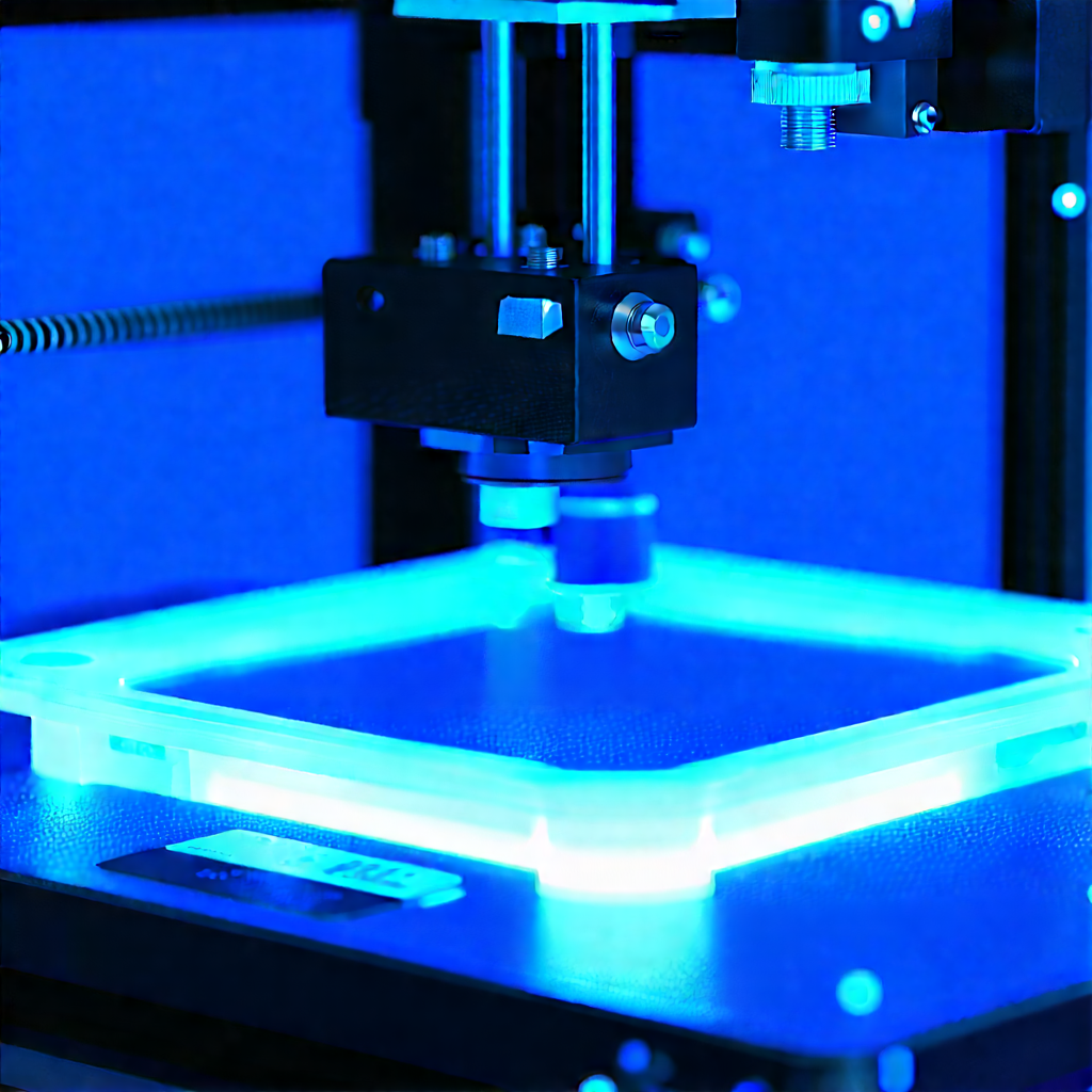 3d printer with blue light glow