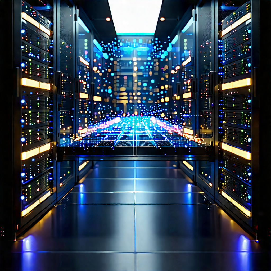 Server Rack With Digital Particles With Image, There