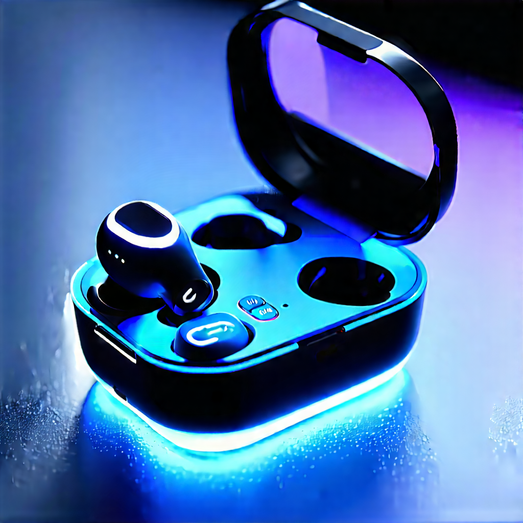 Wireless Earbuds With Glowing Screen With Blue Black