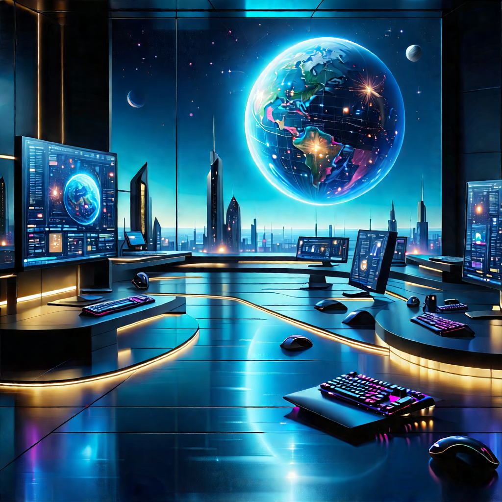 (futuristic:1.38) Digital Workspace With Futuristic Scene,