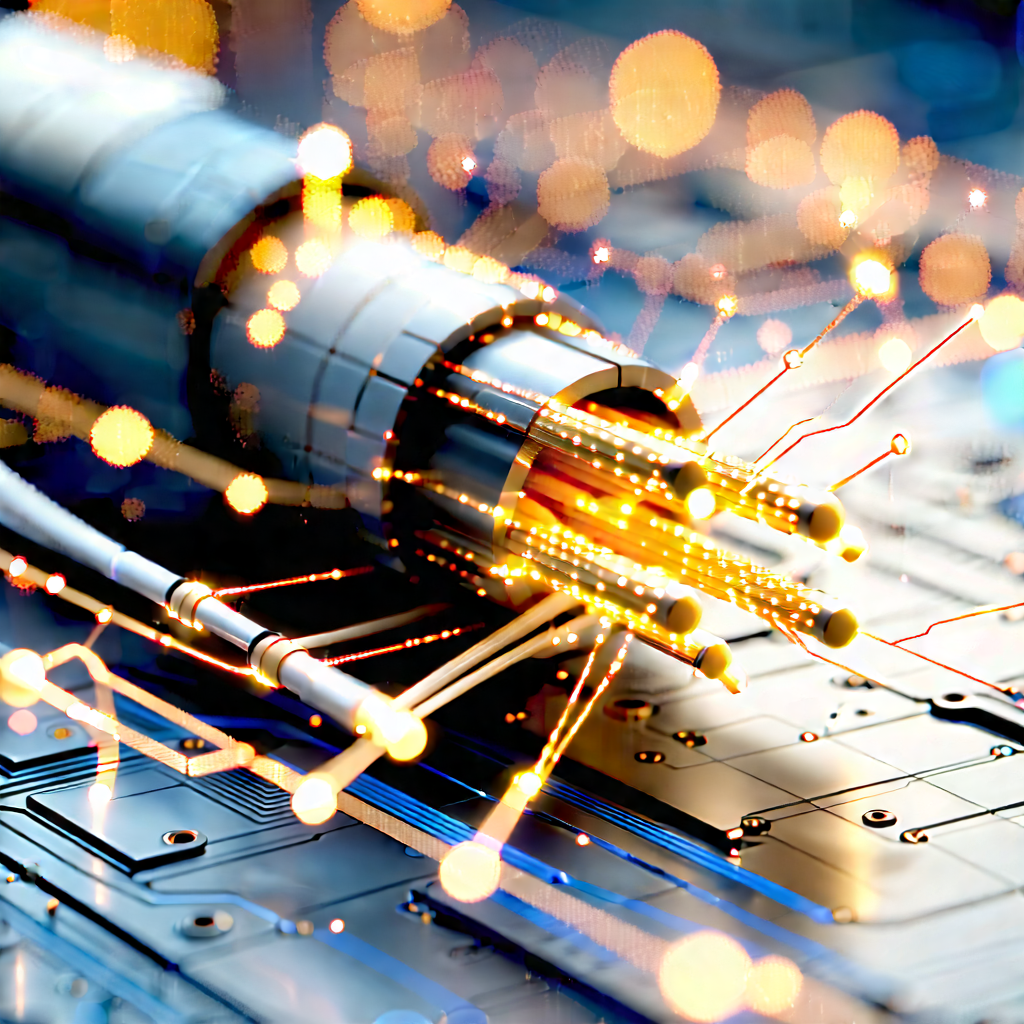 Close-up Of Fiber Optic Cables With Close-up Computer