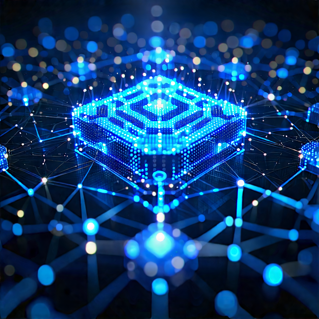Blockchain Network Visualization With Close-up Blue,
