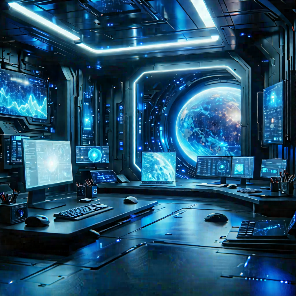 Futuristic (digital:1.28) Workspace With Futuristic Setting,