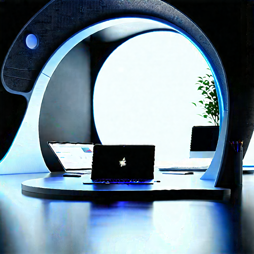 (futuristic:1.41) Tech Startup Office With Laptop Sitting
