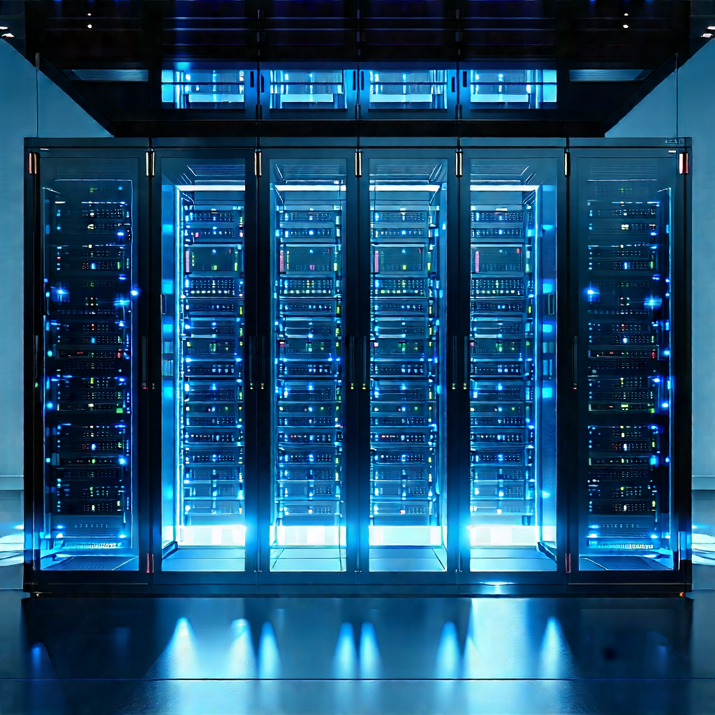 Server Rack With Holographic Projection With Large Blue