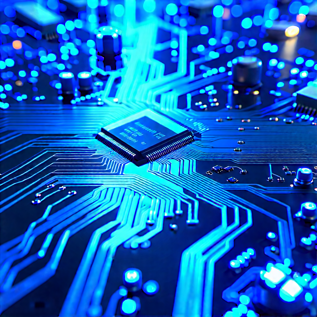Circuit board with blue light (glow:1.21)