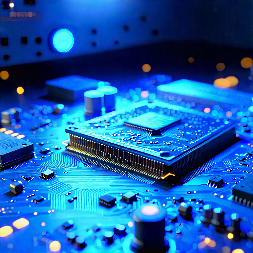 Circuit board with blue light glow