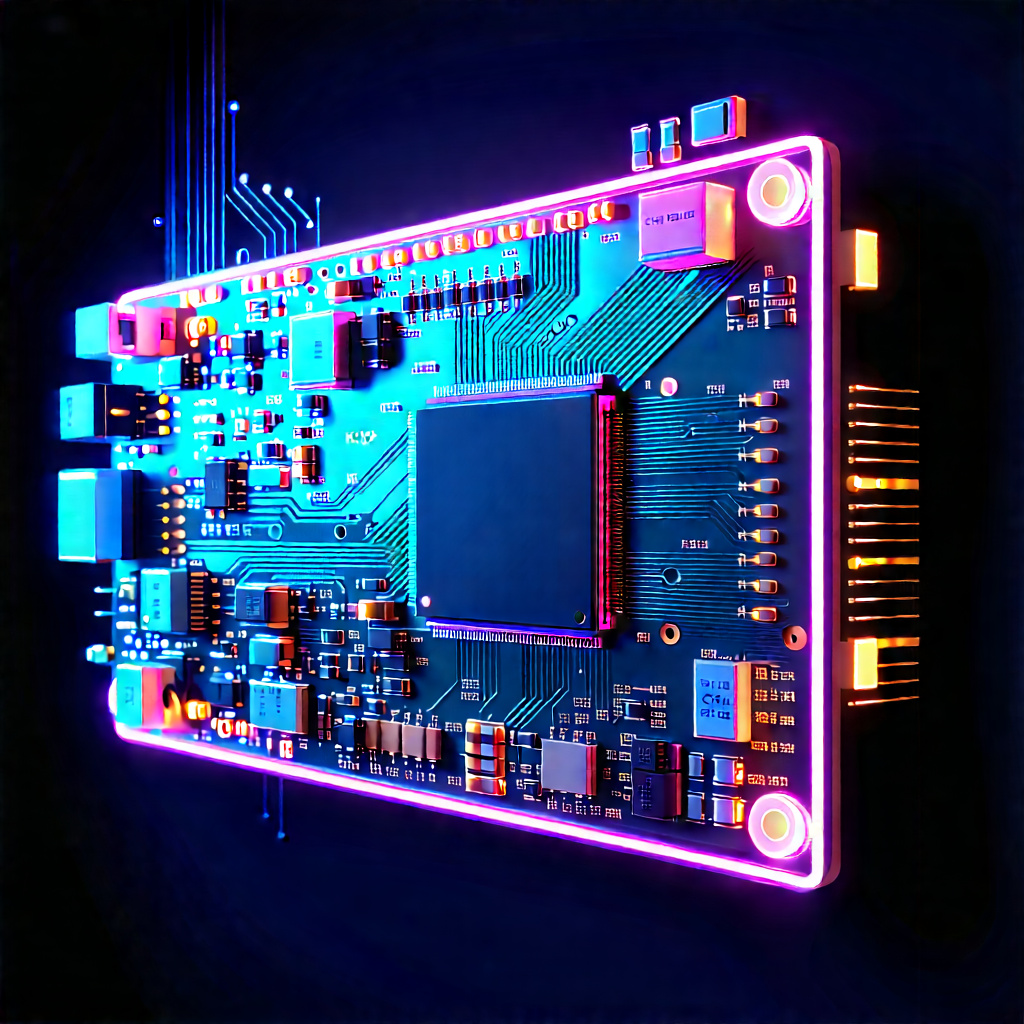Circuit Board With Neon Accents With Close-up Computer