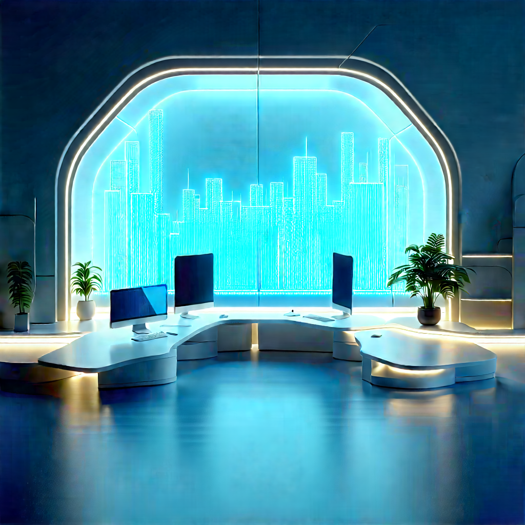 Futuristic Tech Startup Office With Large, Blue,