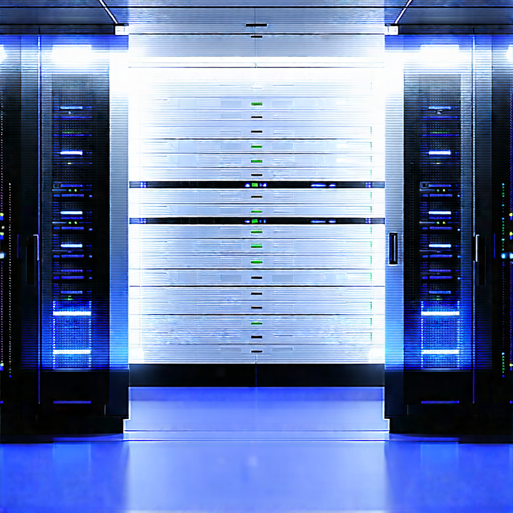 (futuristic:1.33) Server Room With Large, Blue,