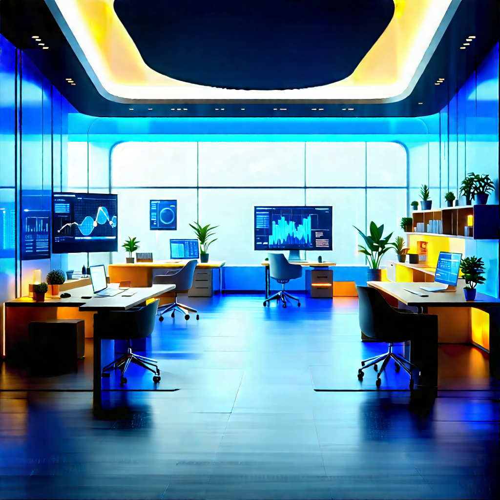 (futuristic:1.1) Tech Startup Office With Image, There