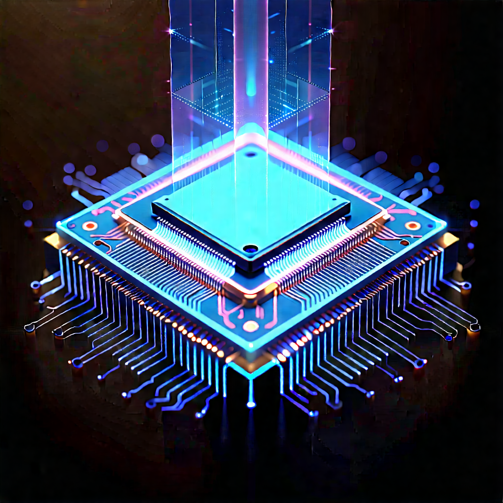 Microchip With Holographic Projection With Blue Yellow
