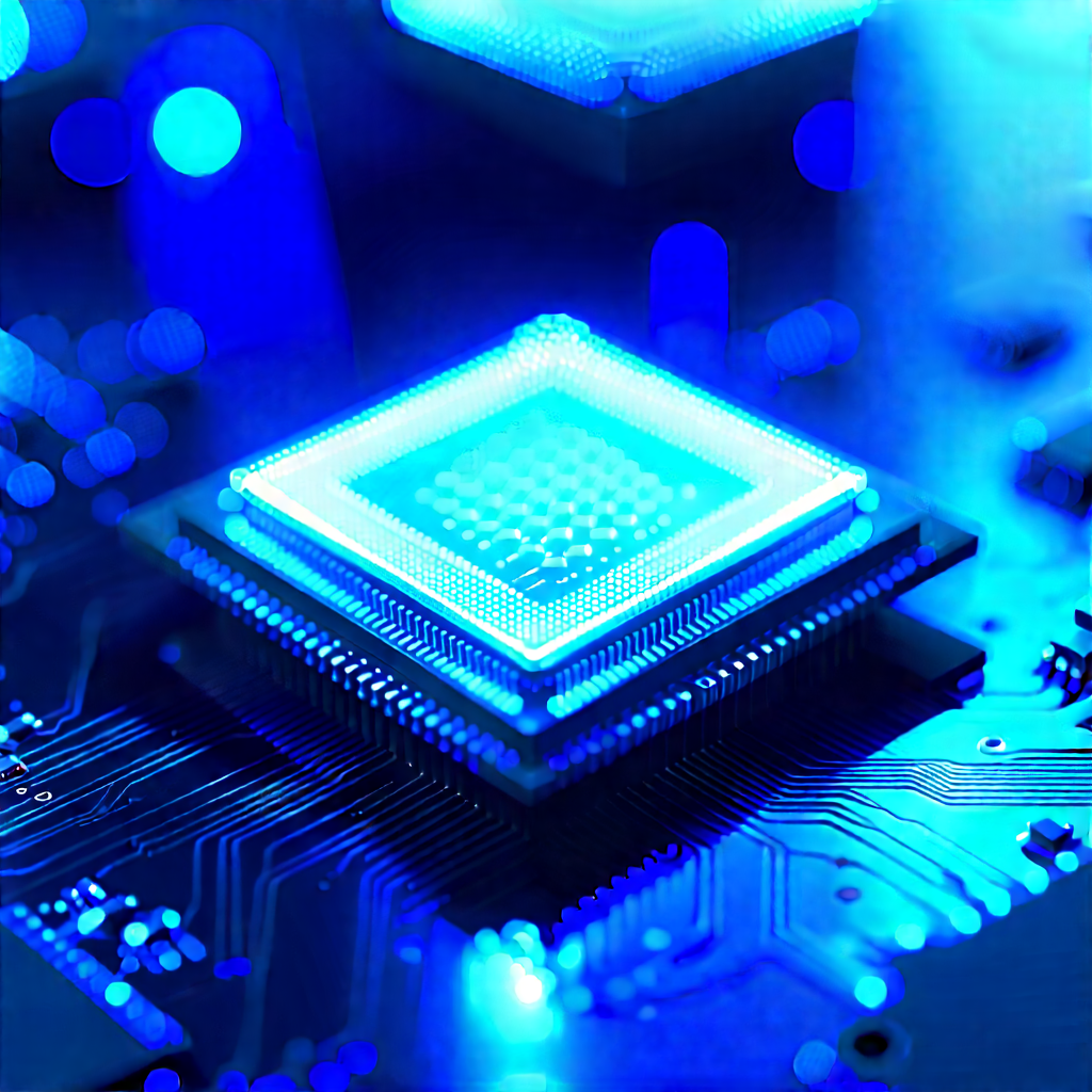 Microchip With Blue Light Glow With Close-up Blue