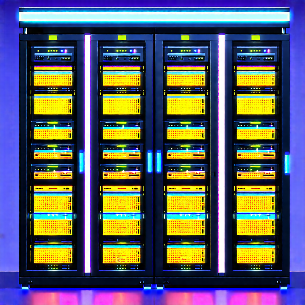 Server Rack With Neon Accents With Large, Multi-layered