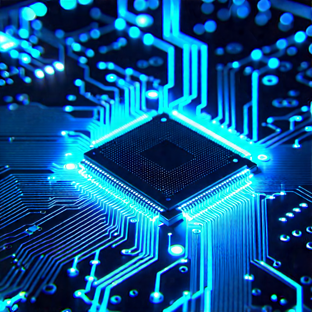 Circuit board with blue light (glow:1.44)
