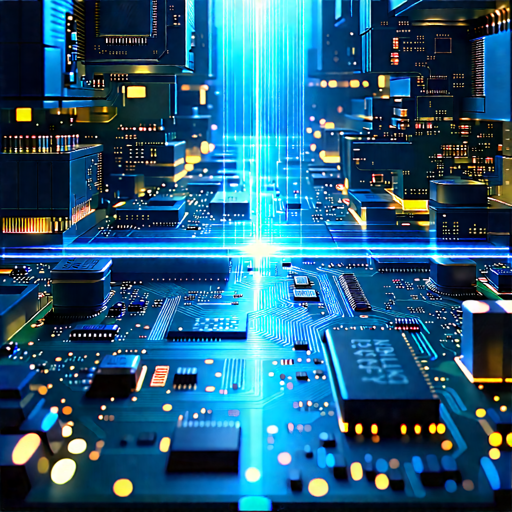 Circuit Board With Laser Scanning With Futuristic Cityscape