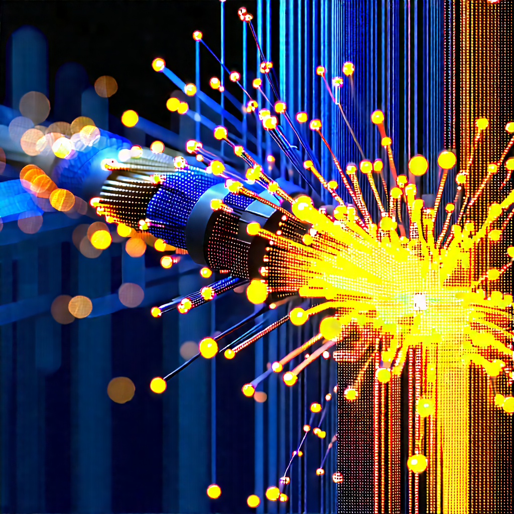 Close-up Of Fiber Optic Cables With Blue Yellow