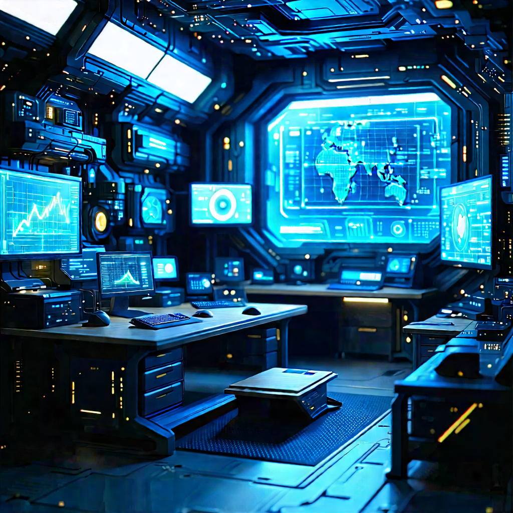 (futuristic:1.14) Tech Startup Office With Futuristic Setting,