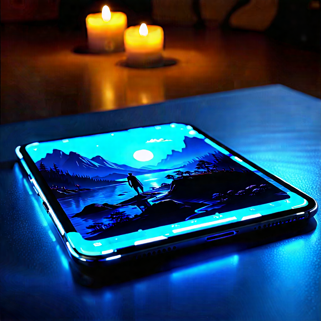 Tablet With Glowing Screen With Table Cell